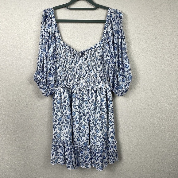 NWT Super Natural by Secret Mission Greenport Puff Sleeve Mini Dress Blue White - Picture 1 of 8